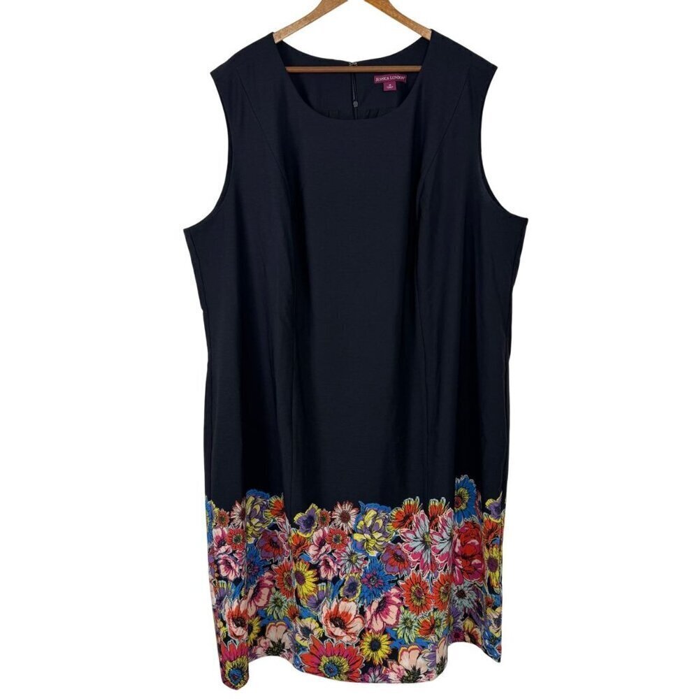 Jessica London Career Sheath Dress Size 28 Black Multicolor Floral Midi EUC